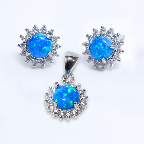 Kék opál virág Swarovski köves ezüst fülbevaló és medál