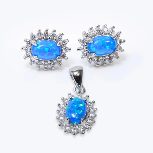 Ovális kék opál Swarovski köves ezüst fülbevaló és medál